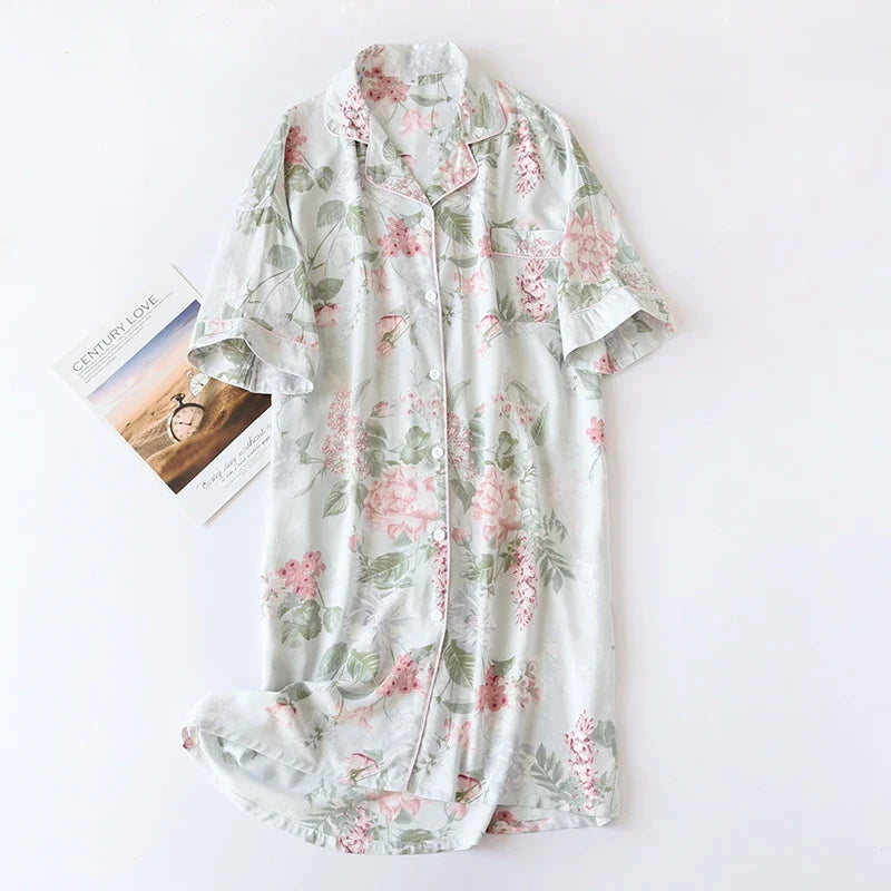 Cralom Soft Floral Nightgown Sleepdress Half-Sleeve Lapel Homewear Comfy