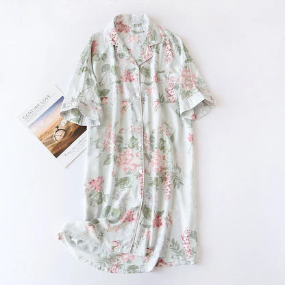 Cralom Soft Floral Nightgown Sleepdress Half-Sleeve Lapel Homewear Comfy