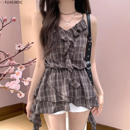 Cralom Plaid Peplum Top: Sleeveless Retro Ruffles and Slim Fit Blouse