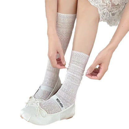Cralom Lace Calf Socks: Slimming, Hollow Design, Retro Style, Breathable Summer Socks
