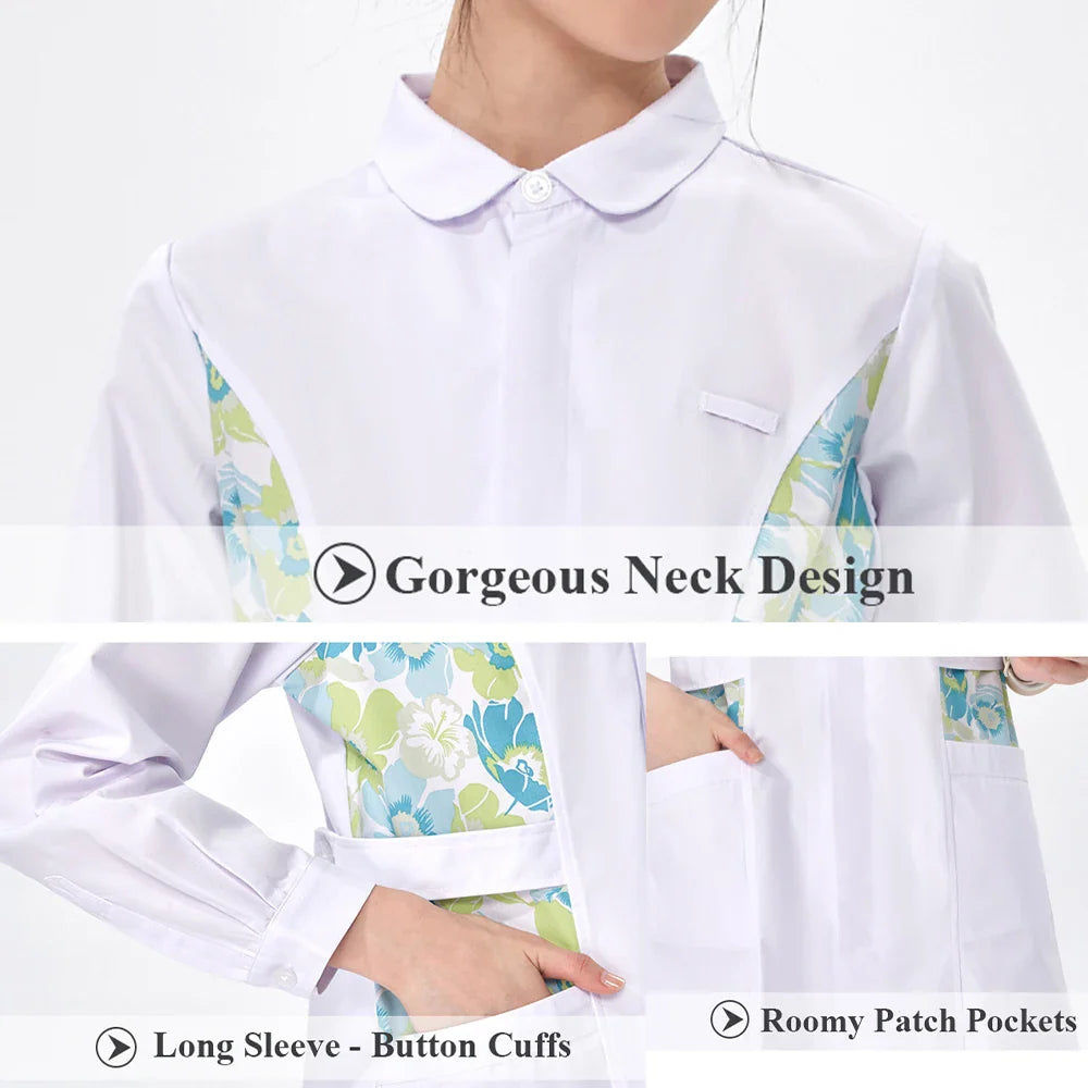 Cralom Flower Print Nurse Gown - ICU Robe Medical Scrub Uniform