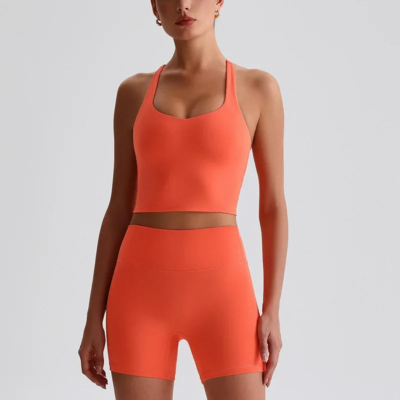 Cralom Naked Feel Yoga Set: Backless Top & Peach Booty Shorts