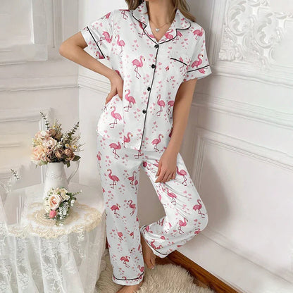 Cralom Satin Pajama Set: Short Sleeve Top & Long Pants Sleepwear