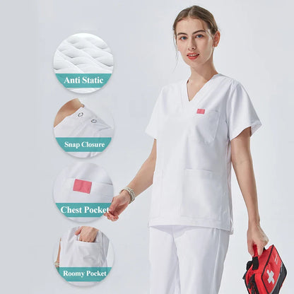 Cralom Silky White Nurse Scrub Set for Dental Medic Professionals