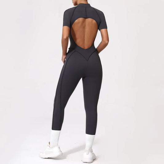Cralom Short-sleeve Yoga Sports Jumpsuit with Open Back Zipper