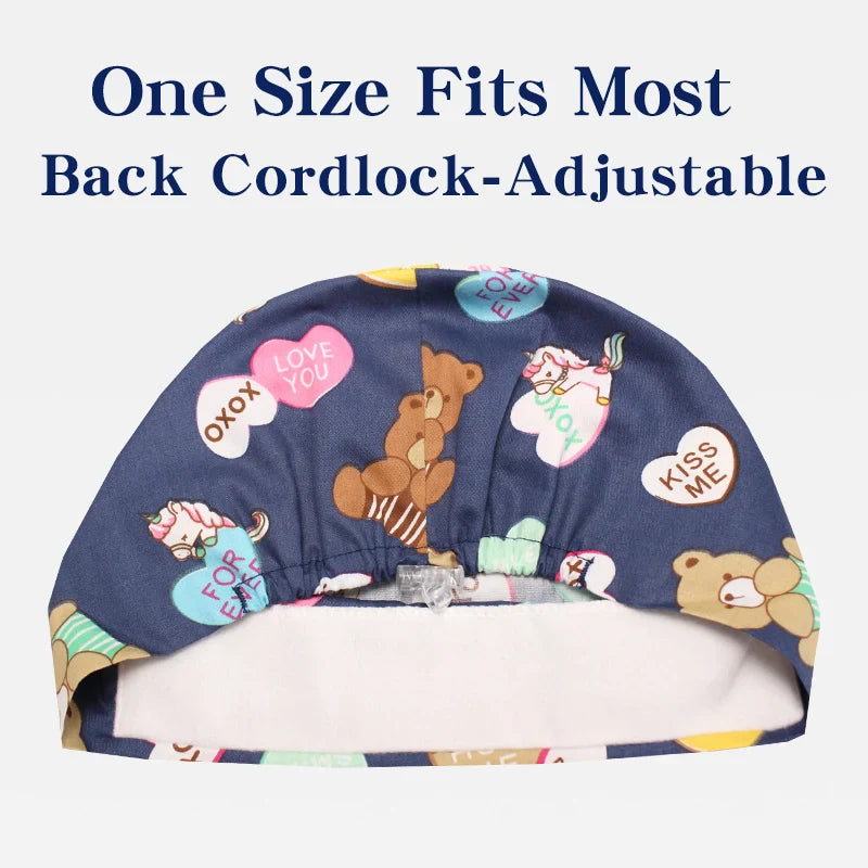 Cralom Bear Print Nurse Cap - Unisex Scrub Hat for Veterinary & Medical Use