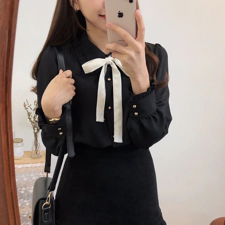 Cute Lace-Up Bow Tie Blouse by Cralom for Work & Office