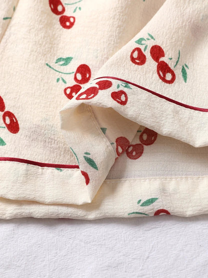 Cralom Cherry Print Pajama Set: Short Sleeve Top & Soft Elastic Shorts