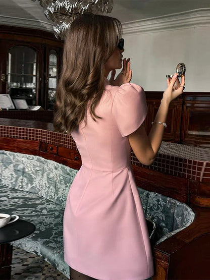 Cralom Elegant Button High Neck A-line Mini Dress for Women, 2025 Summer Commute Party