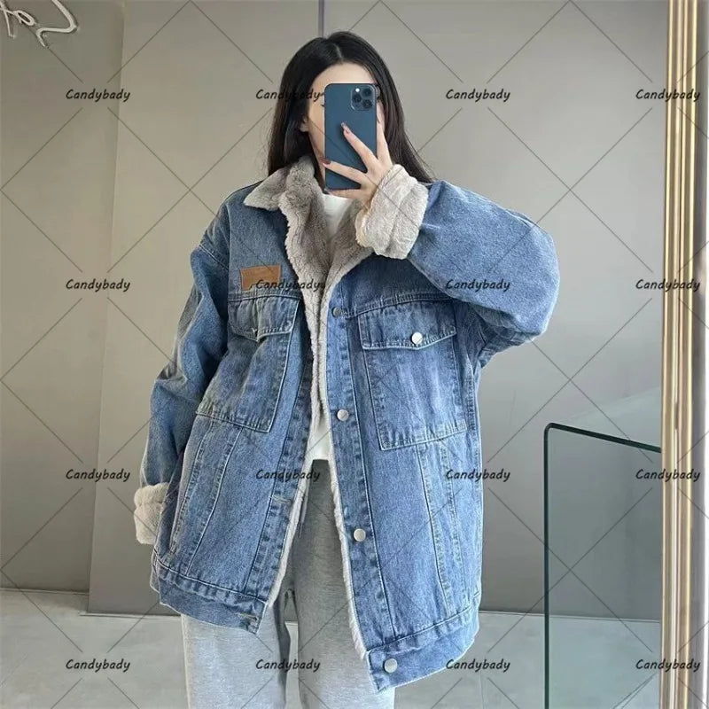 Cralom Lamb Wool Denim Jacket: Street Fashion Thickening, Trendy & Casual, Unisex Fit