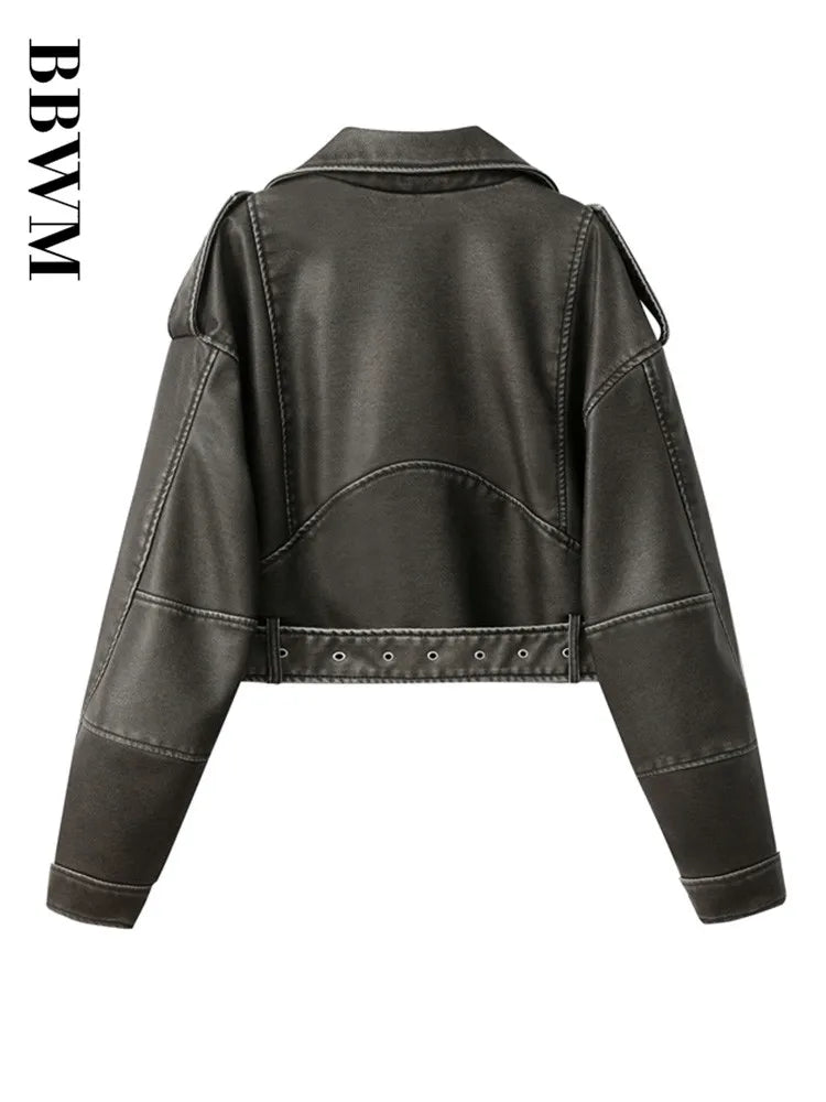 Cralom Retro Zipper Belt Motorcycle Jacket - 2023 Spring Chic Slim Fit Top