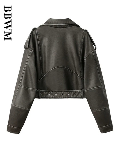Cralom Retro Zipper Belt Motorcycle Jacket - 2023 Spring Chic Slim Fit Top