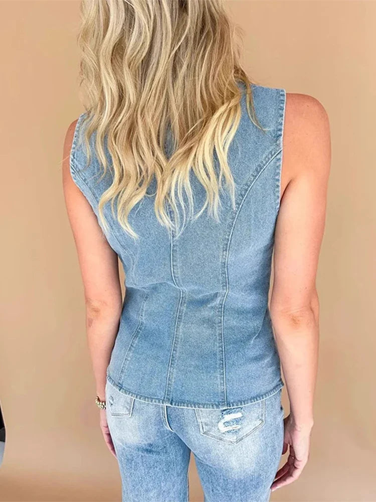 Cralom Sleeveless Denim Waistcoat with Pocket - 2025 Spring Collection