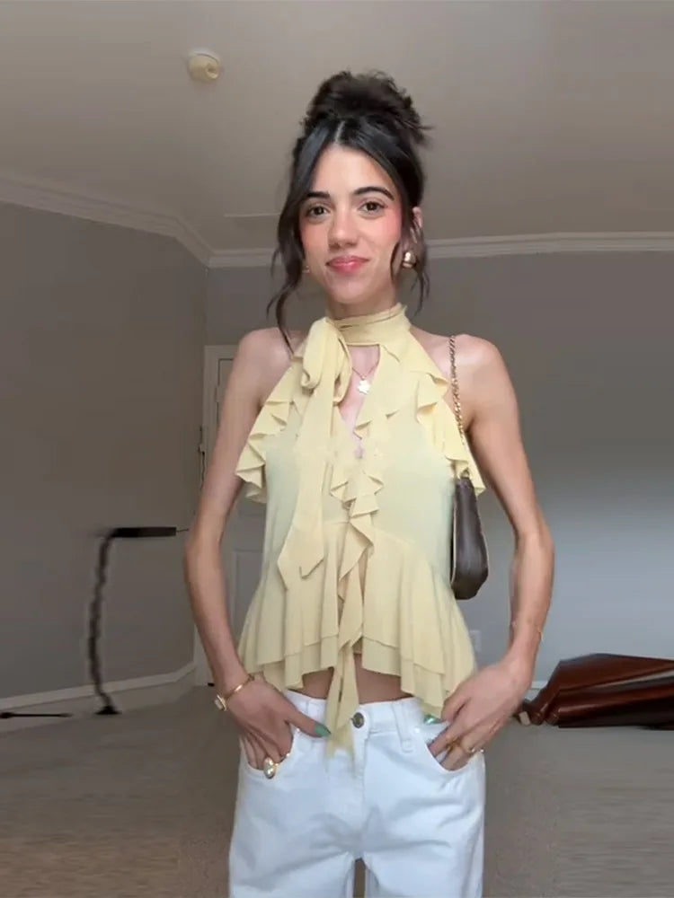 Cralom Ruffles Halter Vest Top Chiffon Hollow Out Slim Tank Tops Summer Blouses