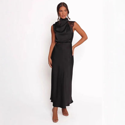 Cralom Solid Color Lace Dress with Hanging Neck and Waist for Women