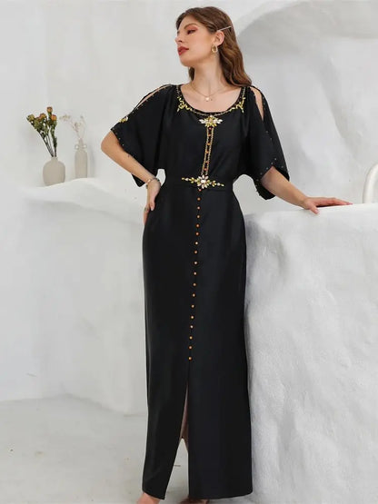Cralom Black Satin Off Shoulder Abaya Dress - Plus Size Luxury Muslim Wear