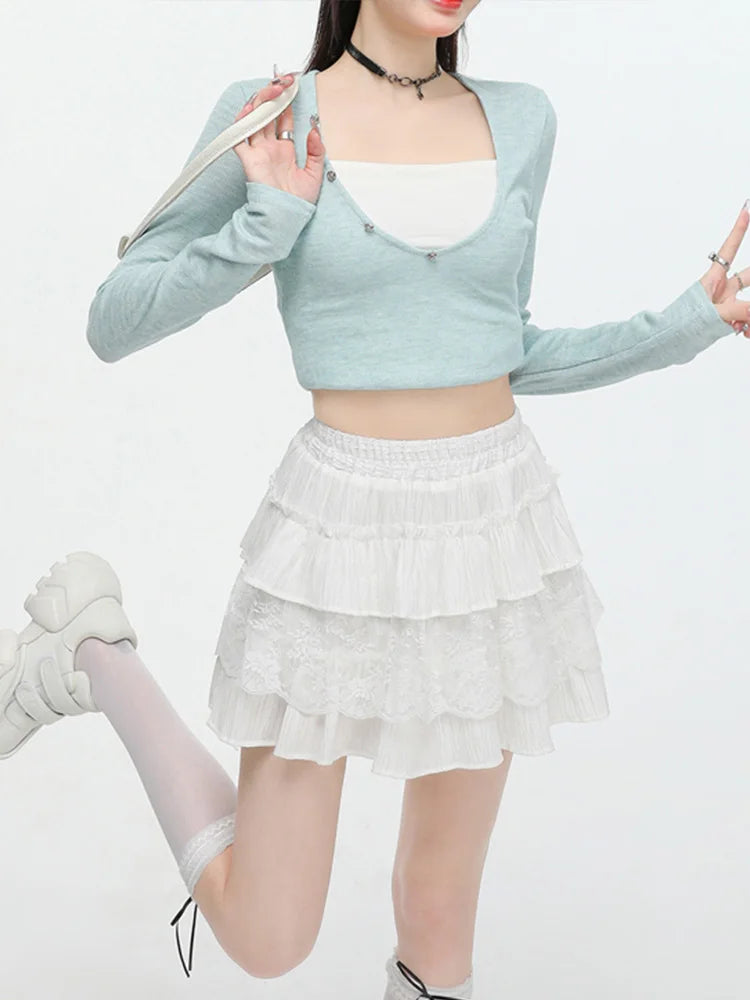 Cralom Sweet Ruffles A Line Mini Skirt - High Waist Lace Spliced Slim Solid Style