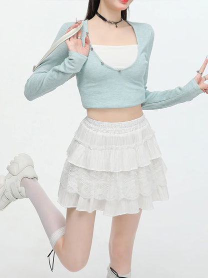 Cralom Sweet Ruffles A Line Mini Skirt - High Waist Lace Spliced Slim Solid Style