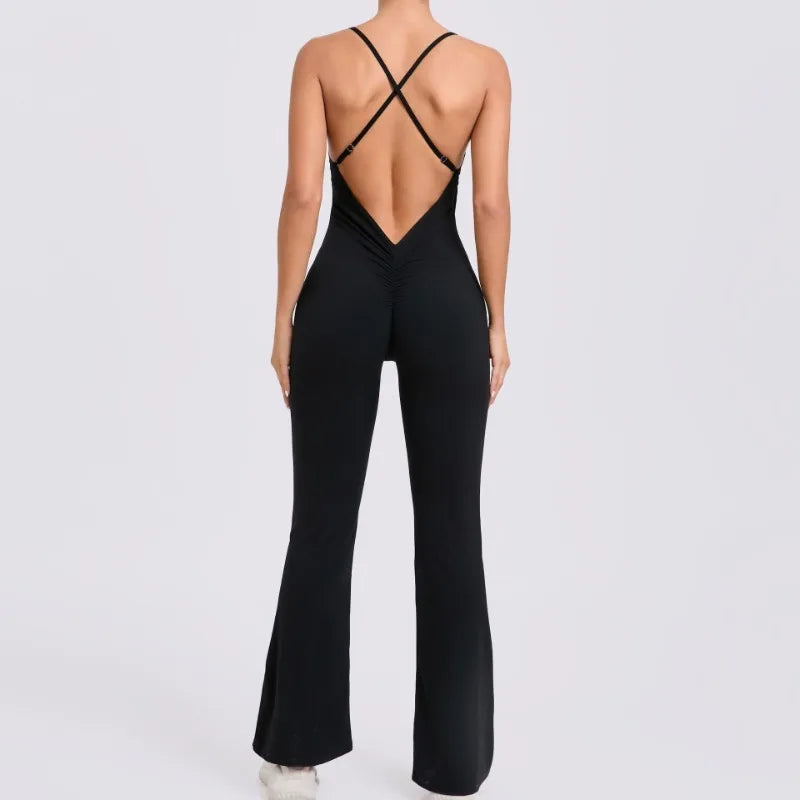 Cralom Cross Strap Yoga Jumpsuit - Flared Leg Fitness Suit