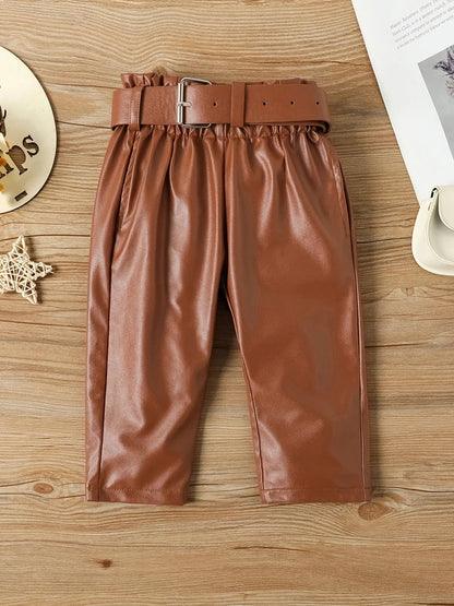 Cralom 3pcs Girl’s Puff Sleeve Ribbed Top + PU Leather Pants + Belt Set
