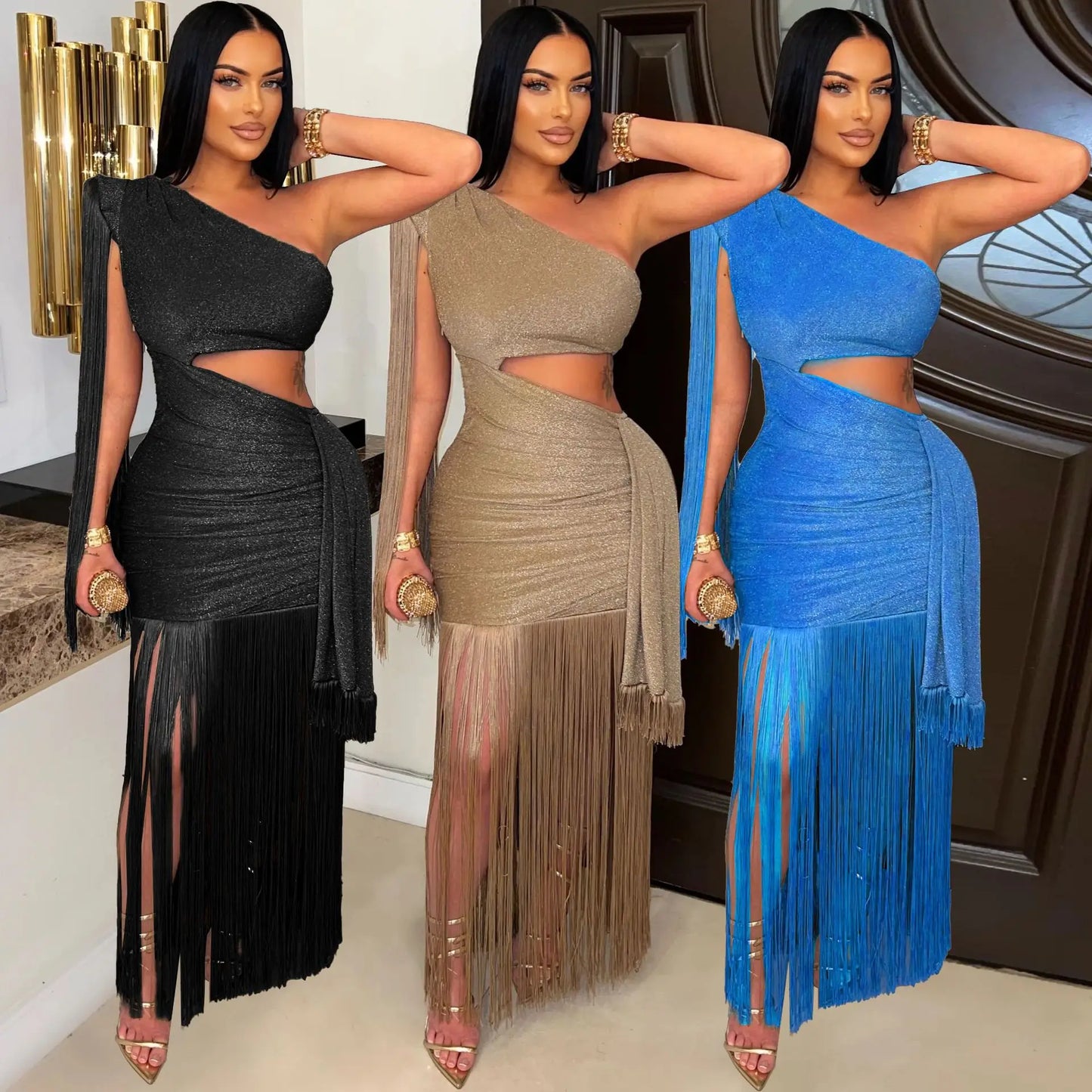 Cralom One Shoulder Tassel Long Dress