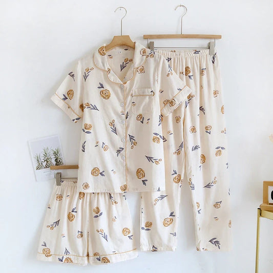 Cralom Cotton Flower Print Pajama Set: Top, Shorts, and Pants for Comfortable Summer