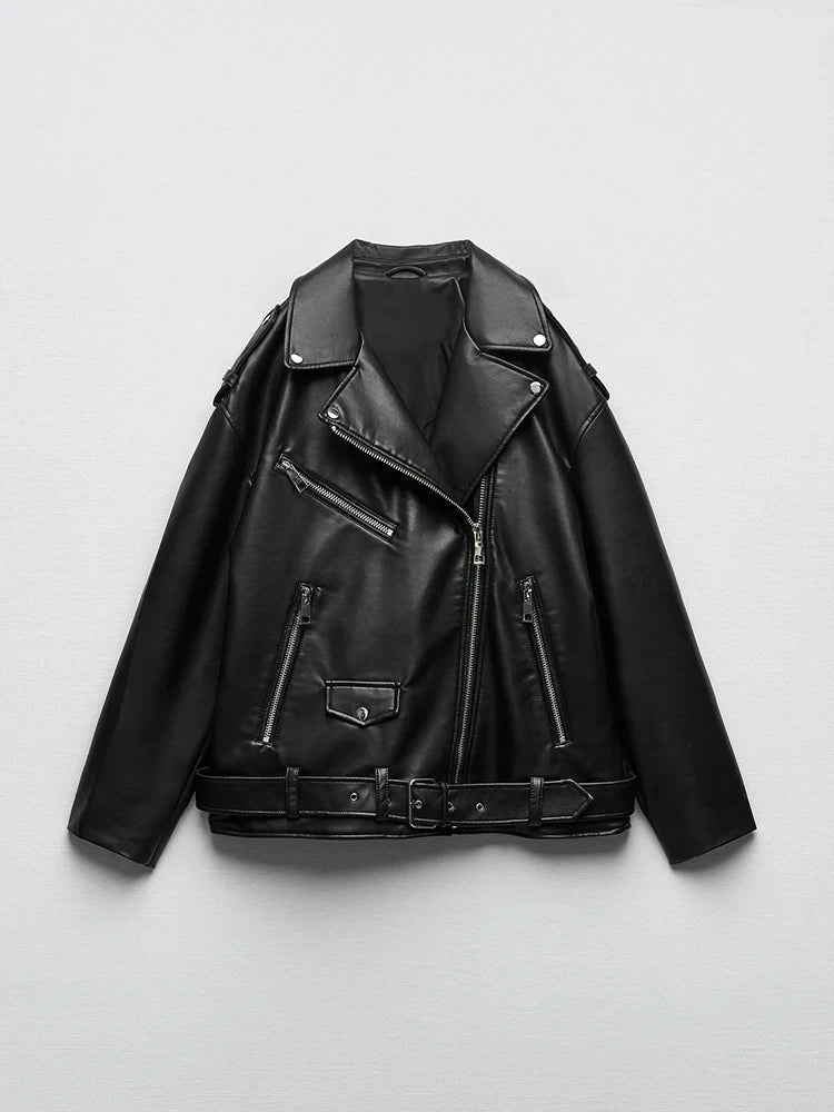 Cralom Black Faux Leather Belted Jacket for Women