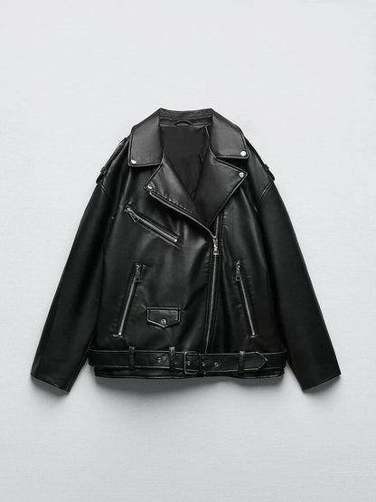 Cralom Black Faux Leather Belted Jacket for Women