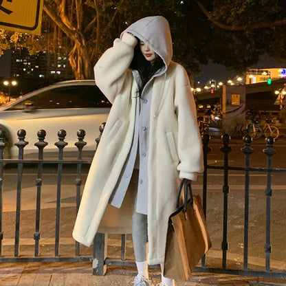 Cralom Imitation Lambswool Long Coat with High Hood, Korean Style Two-piece Design