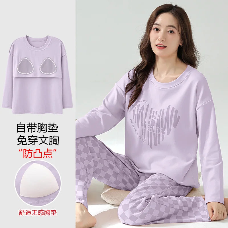 Cralom Cotton Pajama Set with Chest Pads, Long-sleeved Soft Sleepwear for Women