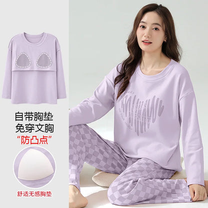 Cralom Cotton Pajama Set with Chest Pads, Long-sleeved Soft Sleepwear for Women