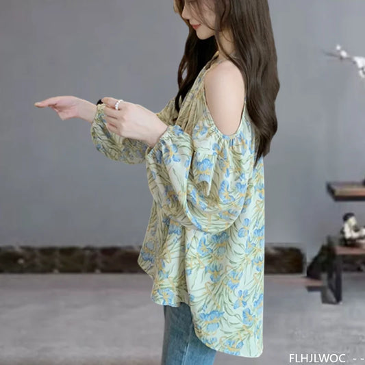 Cralom Floral Print Chiffon Off-Shoulder Top - Green