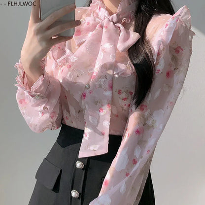 Cralom Ruffled Stand Collar Blouse 2025 Y2K Summer Chic Japan Cute Bow Tie Tops