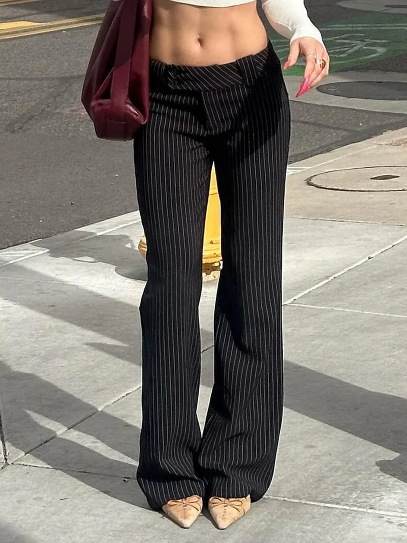 Cralom Streetwear Hottie Stripe Flared Pants - Y2K Fashion Slim Straight Pants