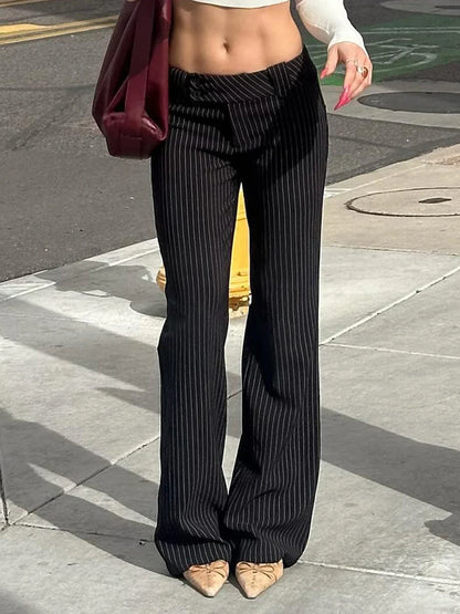 Cralom Streetwear Hottie Stripe Flared Pants - Y2K Fashion Slim Straight Pants