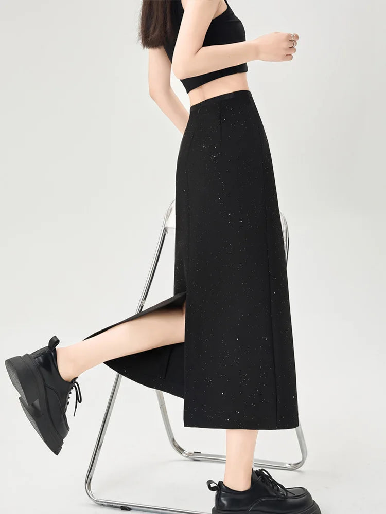 Cralom Elegant Sequins Suit Skirt- High Waist Slim A Line Midi Skirt