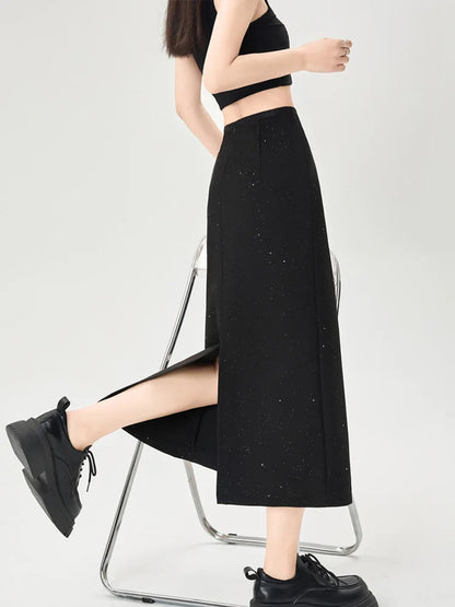Cralom Elegant Sequins Suit Skirt- High Waist Slim A Line Midi Skirt
