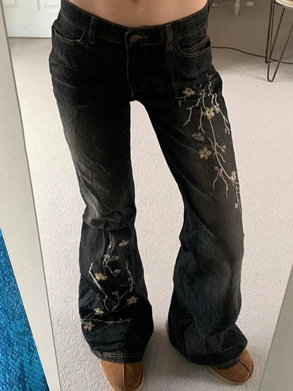 Cralom Vintage Embroidery Flare Jeans - High Waist Slim Straight Pants