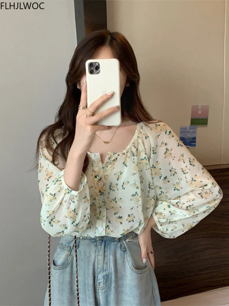 Cralom Vintage Floral Print Sheer Tops & Blouses