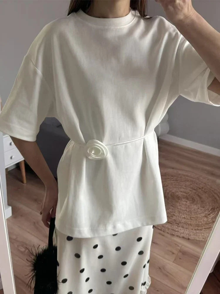 Cralom Lace Up Flower Shirt - Short Sleeve O-Neck Spring Outwear