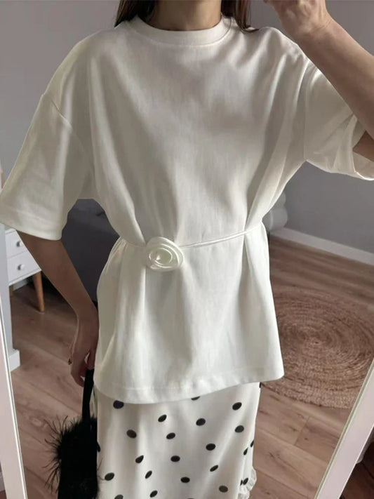 Cralom Lace Up Flower Shirt - Short Sleeve O-Neck Spring Outwear
