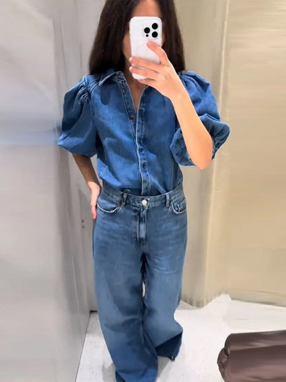 Cralom Denim Puff Sleeve Blouse - Blue Y2K Washed Casual Jacket