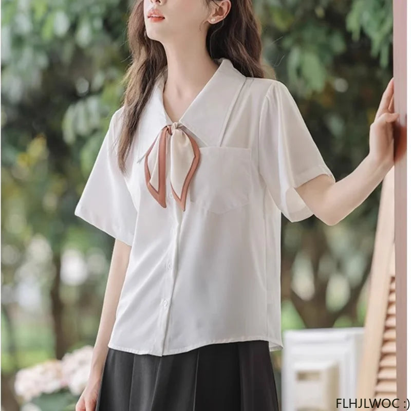 Cralom Women's White Button-Up Bow Tie Blouse