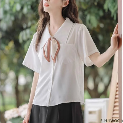 Cralom Women's White Button-Up Bow Tie Blouse