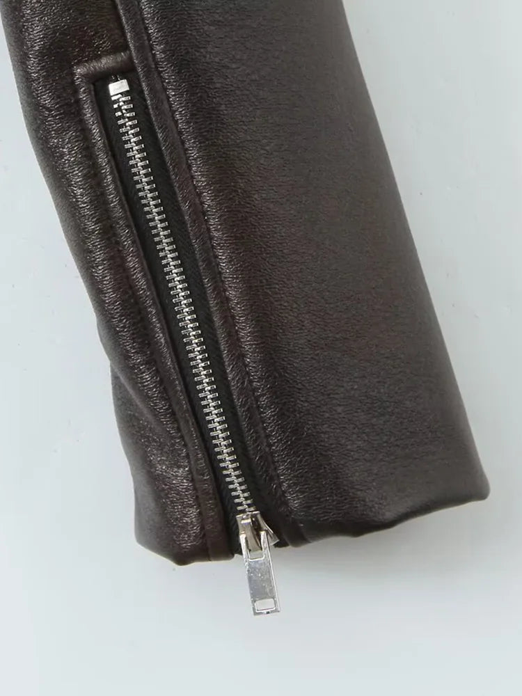 Cralom Vintage Style Short Leather Jacket for Women, Retro Zipper Coat Moto Outwear