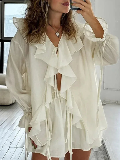 Cralom V Neck Solid Shorts Set 2025 Summer Outfits