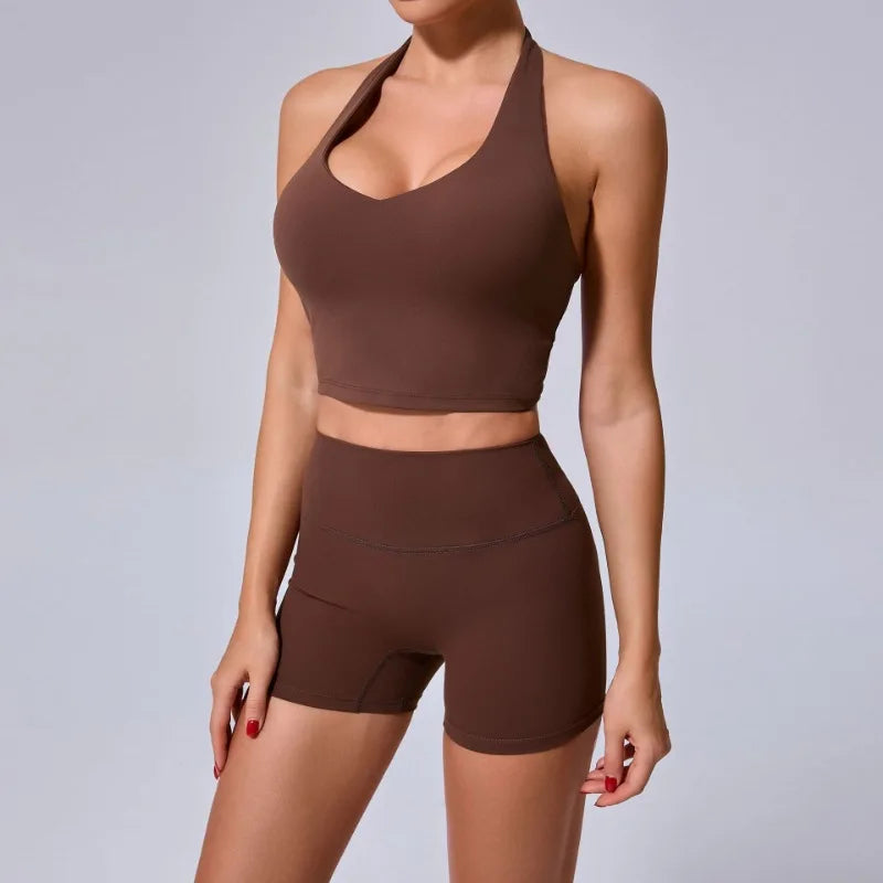 Cralom High Waist Yoga Shorts & Backless Bra Set for Women, Gym Workout Fitness Outfit