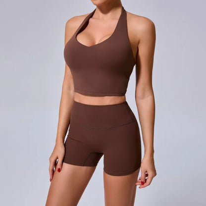 Cralom High Waist Yoga Shorts & Backless Bra Set for Women, Gym Workout Fitness Outfit