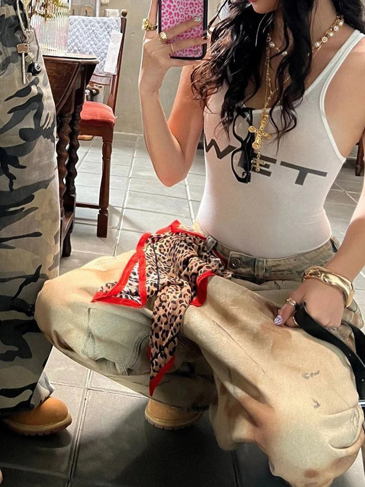 Cralom Vintage Tie Dye Wide Leg Denim Pants for Women