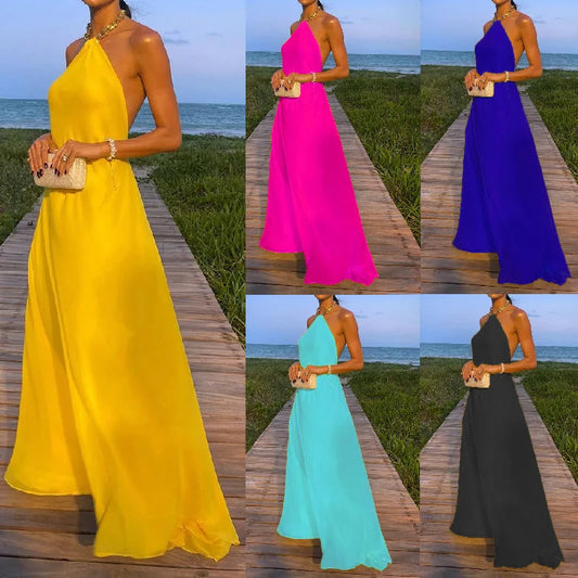 Cralom Solid Color Hanging Neck Long Dress